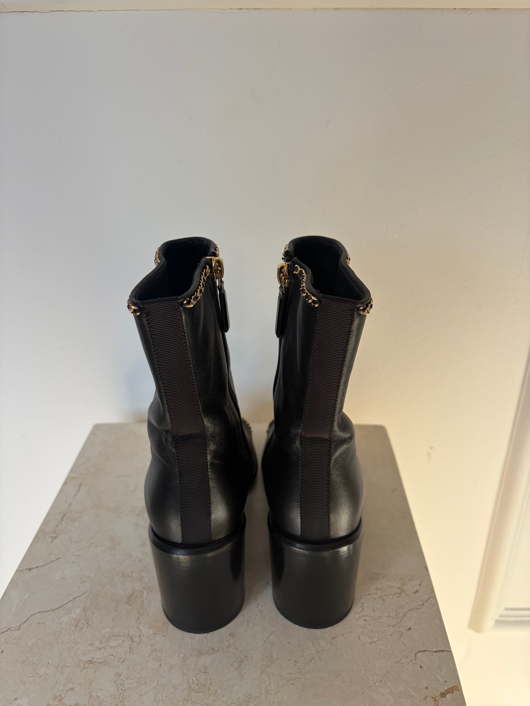 Chanel Black Leather Gold Chain Boots, 36 C