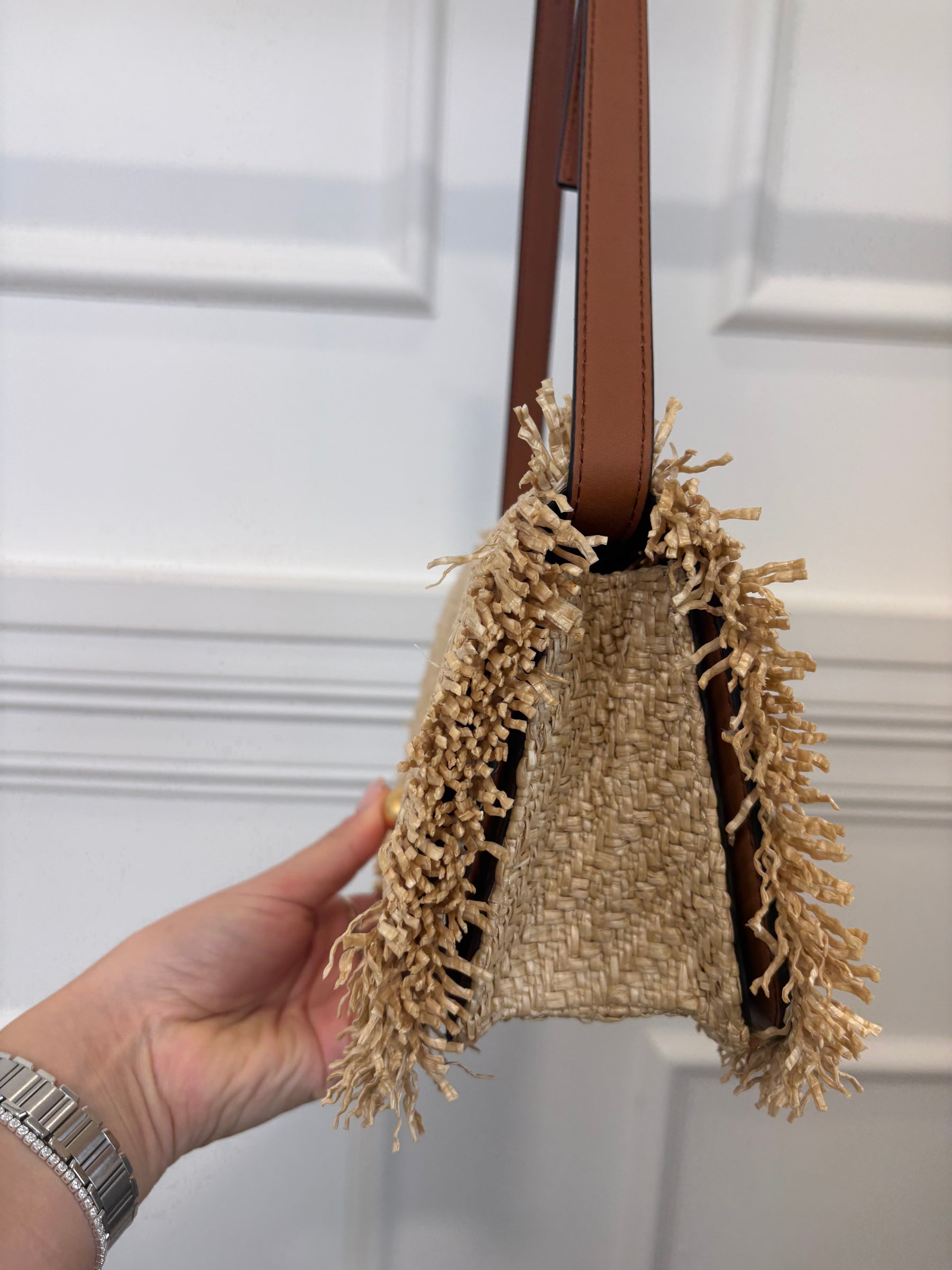 Oroton Raffia and Tan Leather Flap Bag