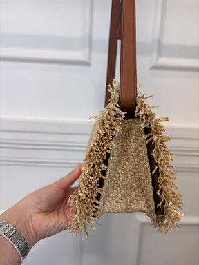 Oroton Raffia and Tan Leather Flap Bag