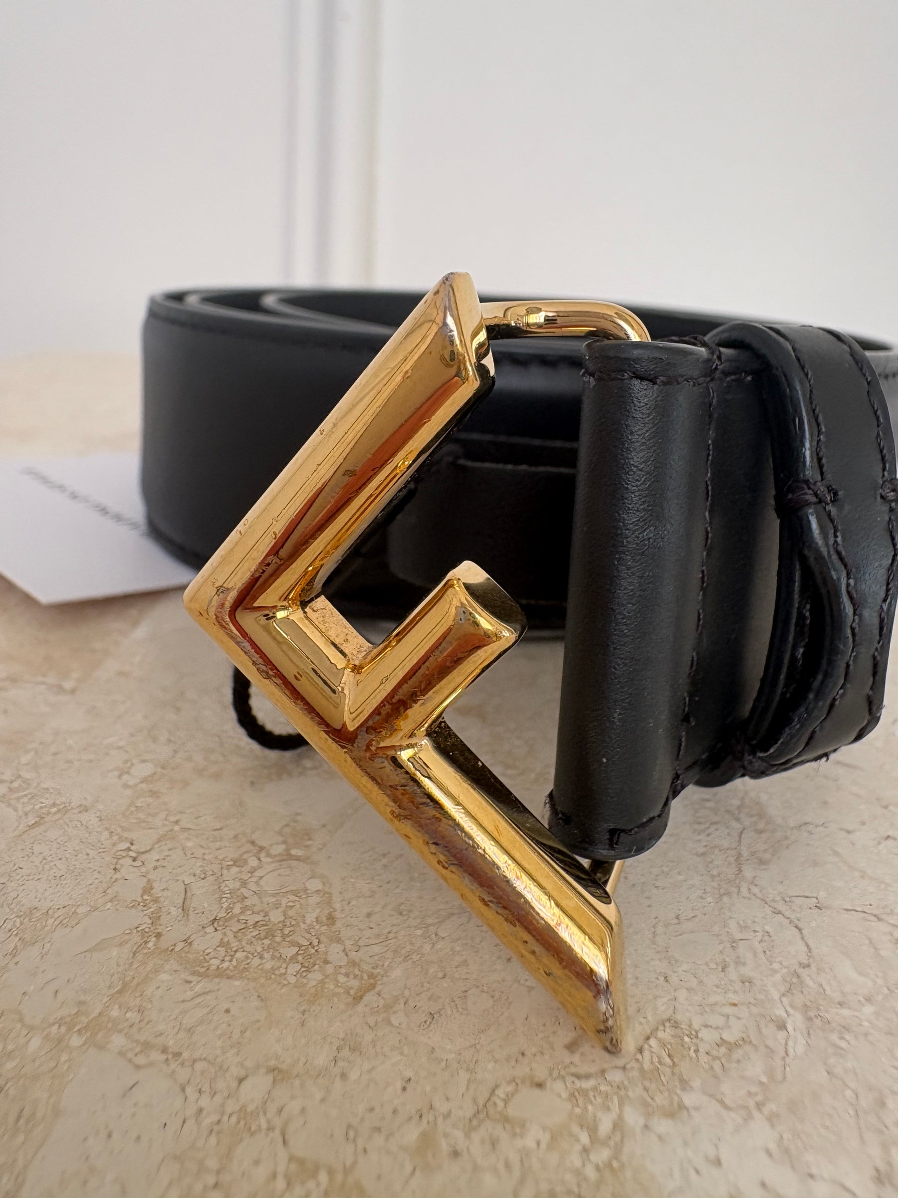 Fendi Black Leather Gold Logo Belt, 85