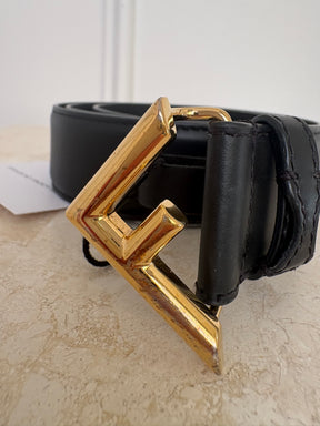 Fendi Black Leather Gold Logo Belt, 85