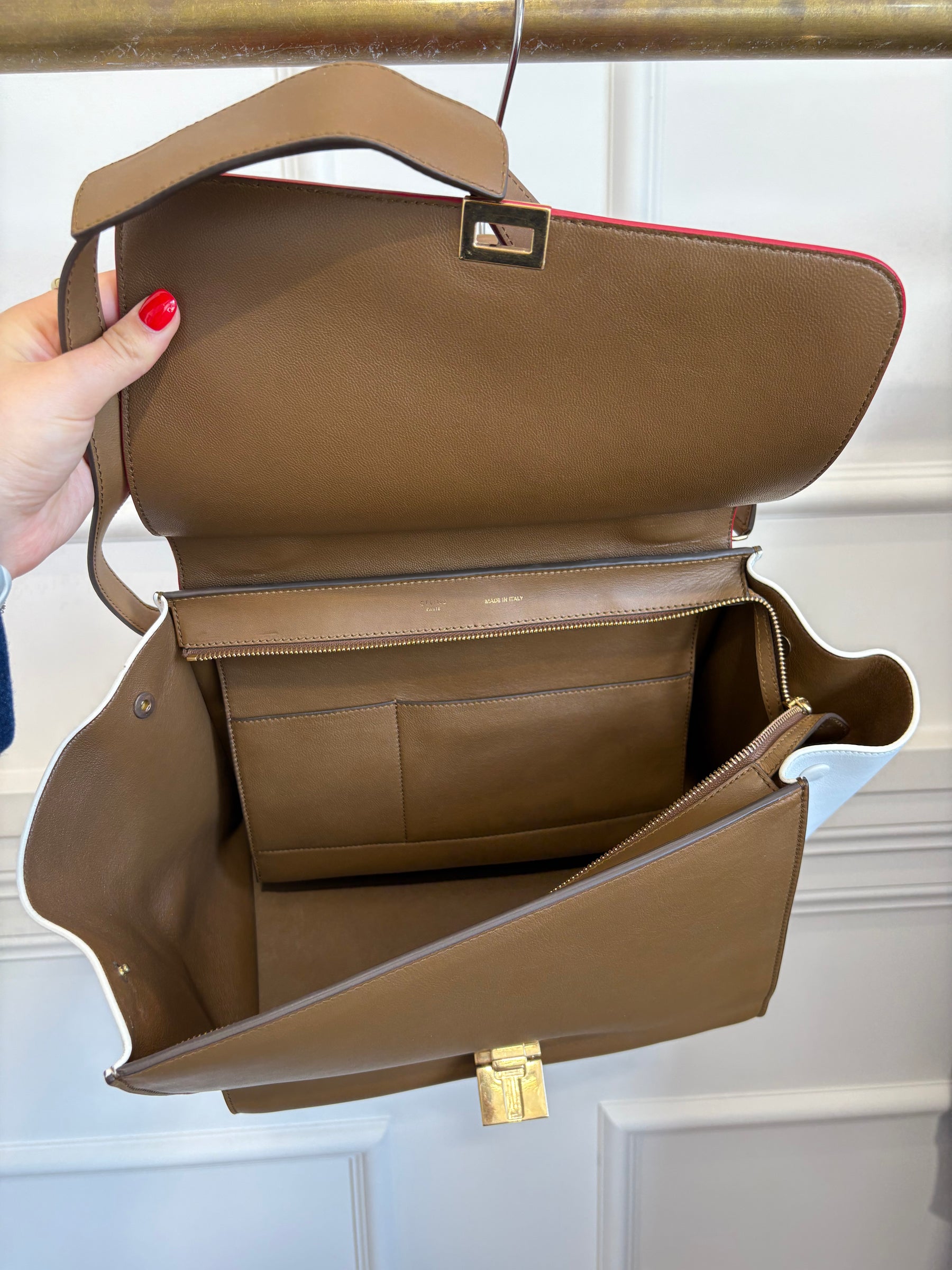 Celine White and Khaki leather with Red Suede Trapeze Bag