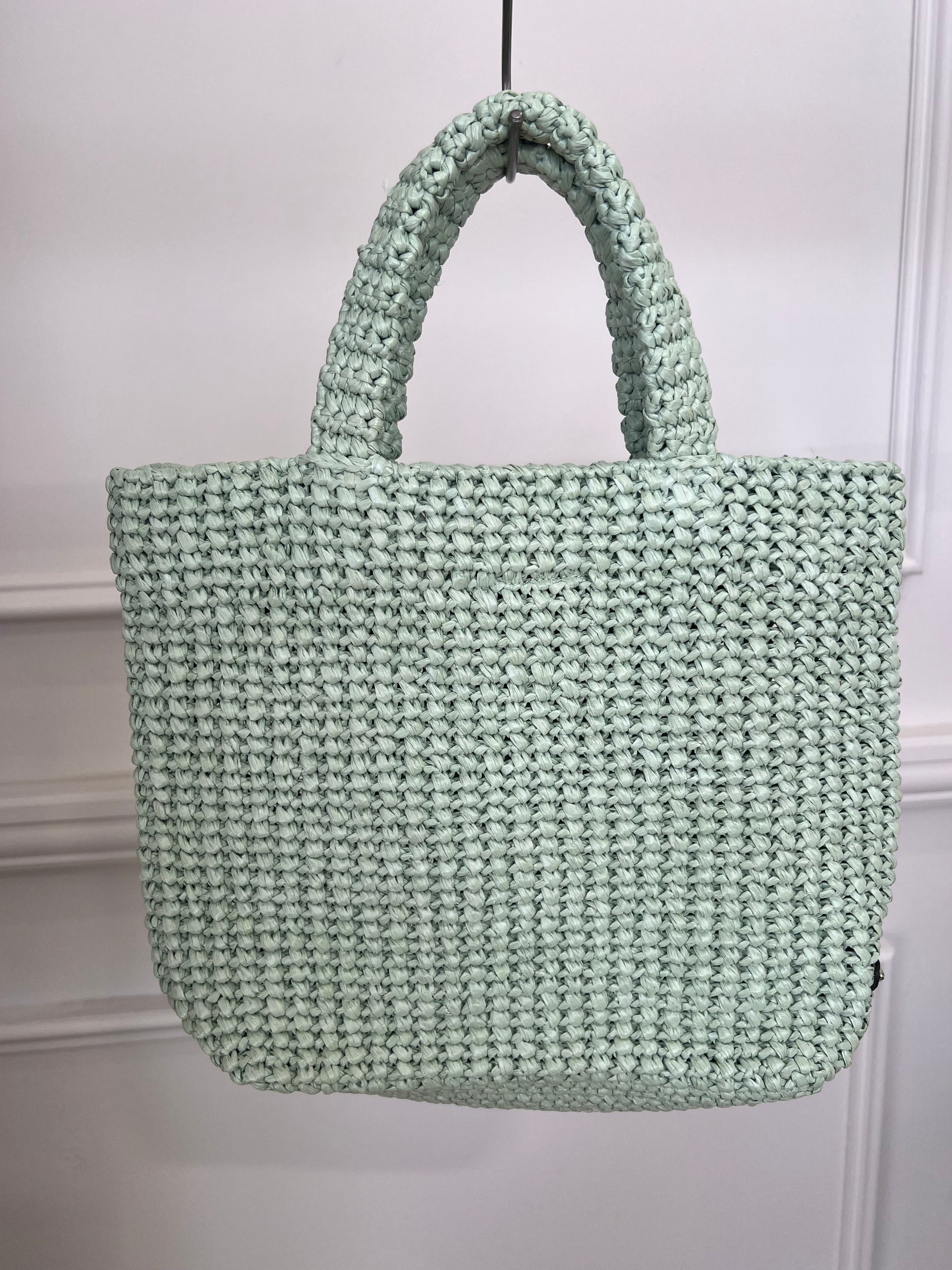 Prada Sage and Black Small Raffia Logo Tote