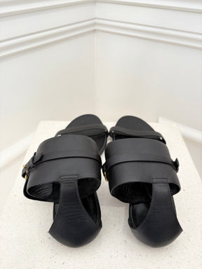Gucci Black Leather Horsebit Ankle Strap Sandals, 40