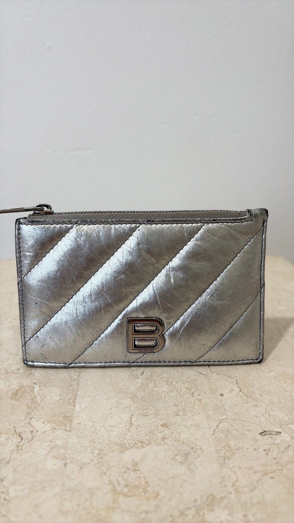 Balenciaga Silver Quilted Leather Card Holder