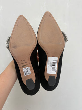 Chloe Black Suede Point Pumps Crystal Embellished Bow, 38.5
