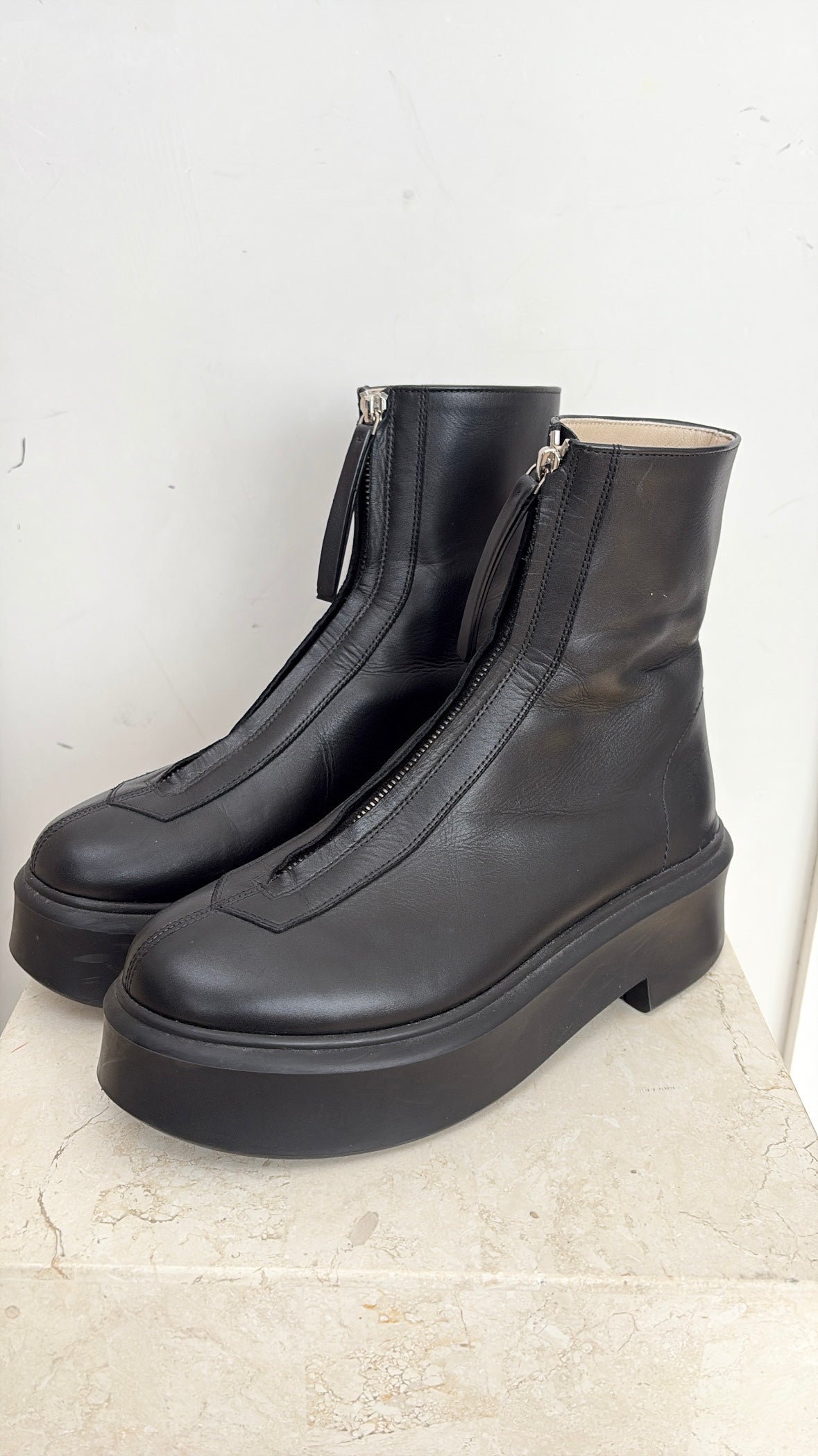 The Row Black Leather Zip Front Boots, 38.5