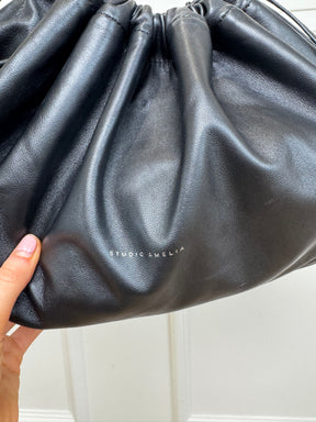 Studio Amelia Black Leather Logo Drawstring Pouch with Strap