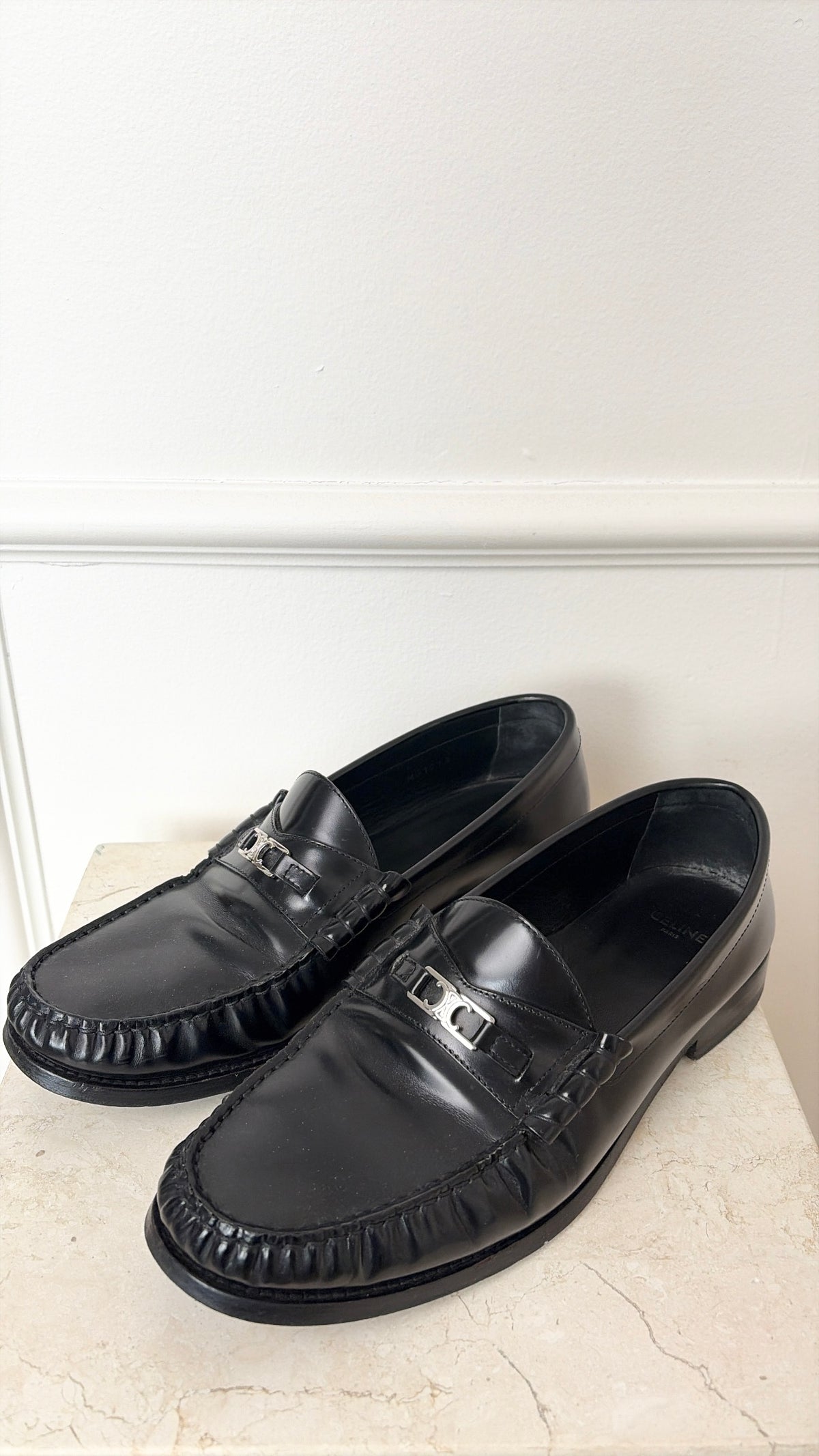 Celine Triomphe Black Leather Loafers Silver Hardware, 42