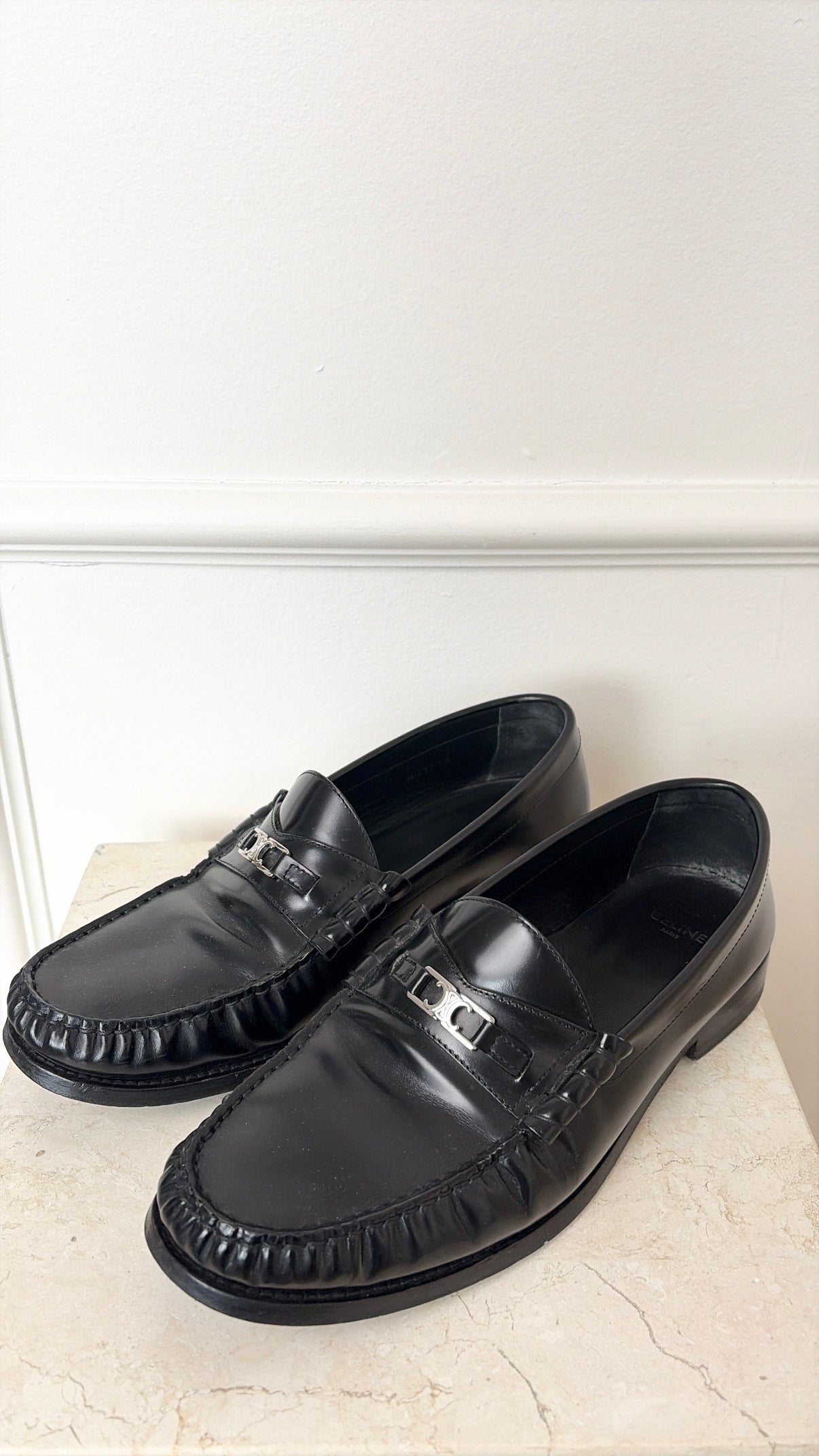Celine Triomphe Black Leather Loafers Silver Hardware, 42