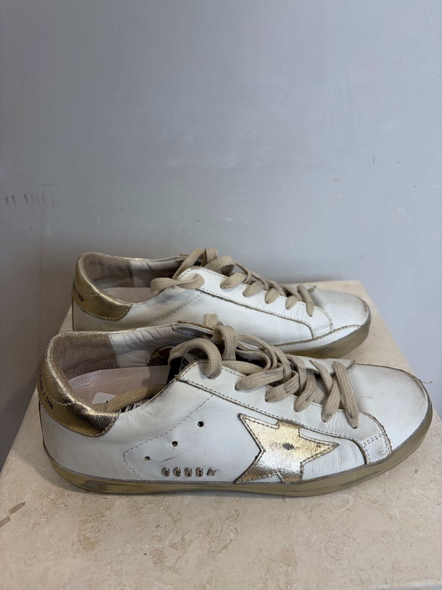Golden Goose White and Gold Superstar Sneakers, 36