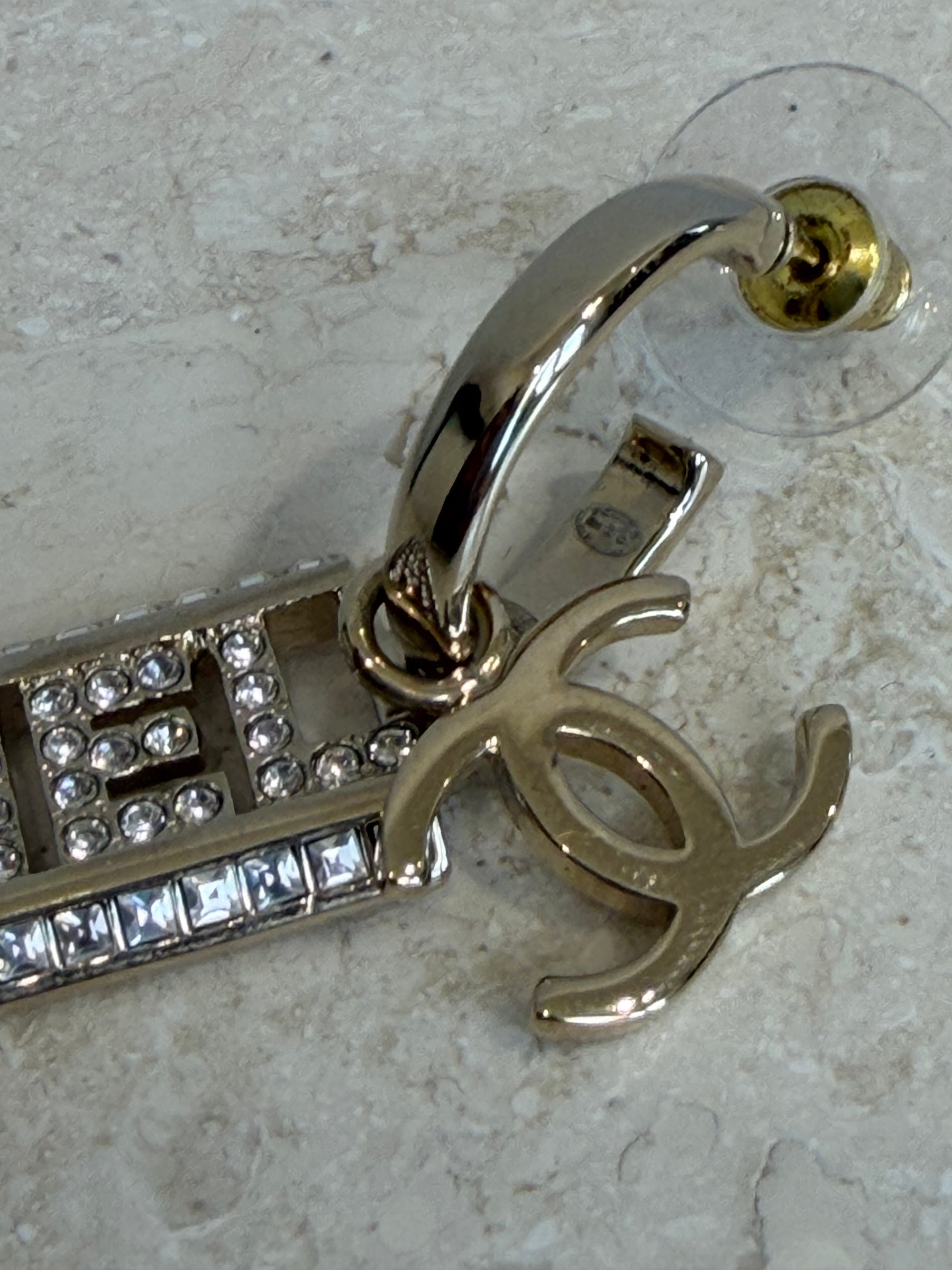 Chanel Champagne and Crystal Logo Drop Earrings