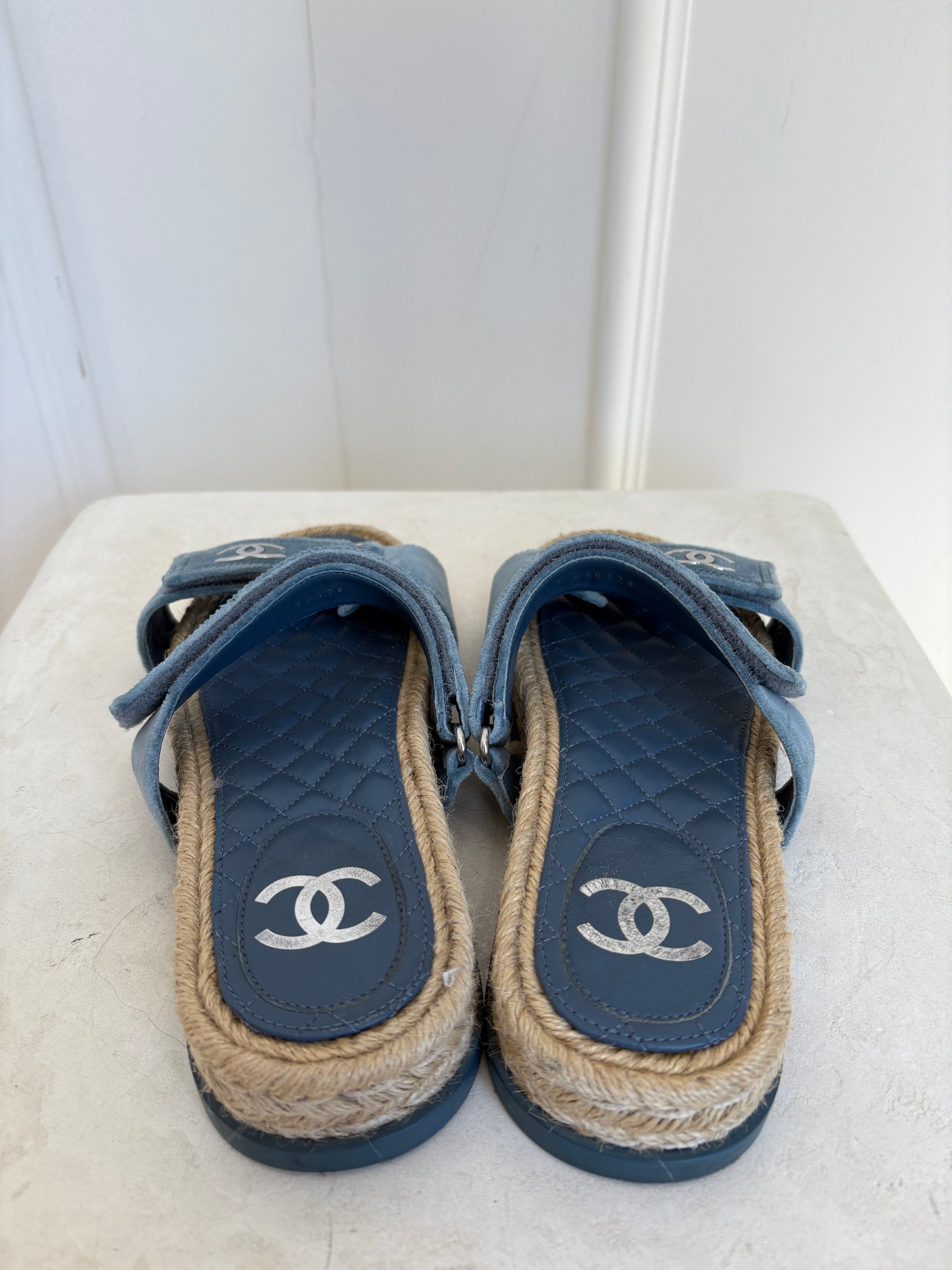 Chanel Dusty Blue Velevt Espadrille Slides, 38C