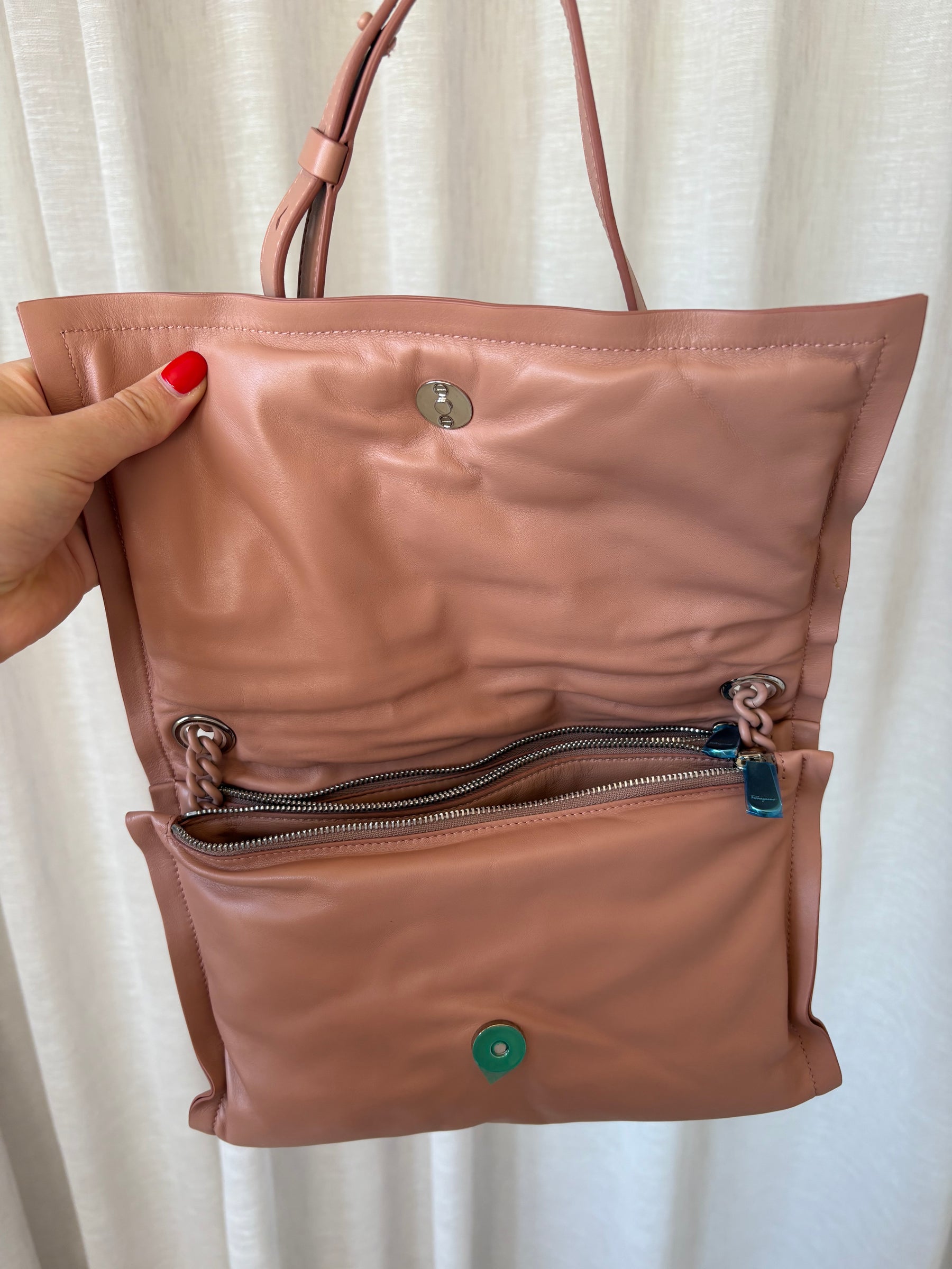 Salvatore Ferragamo Dust Rose Leather Pillow Chain Shoulder Bag