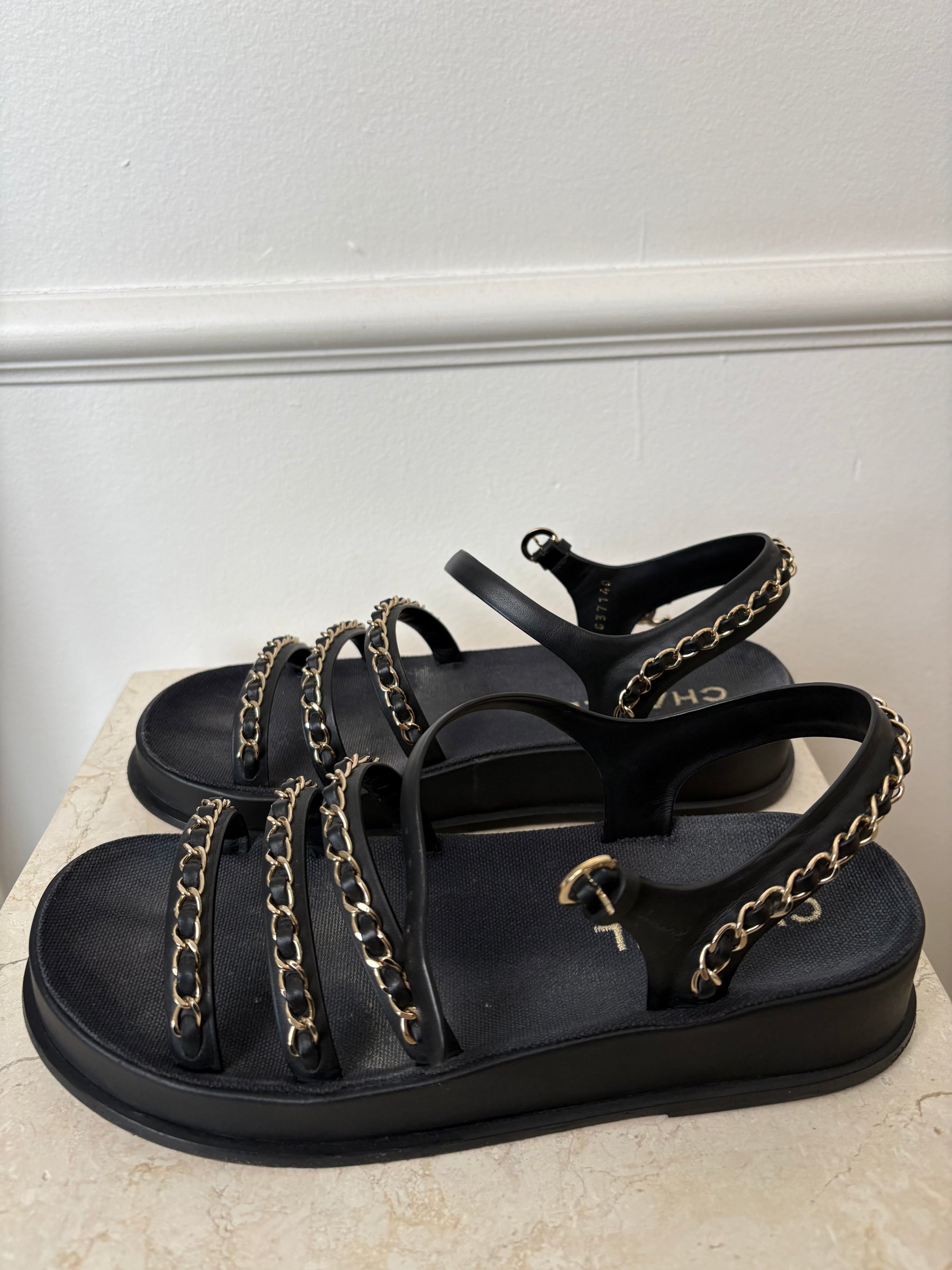 Chanel Black Leather and Chain Platform Sandals, 38