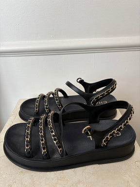 Chanel Black Leather and Chain Platform Sandals, 38