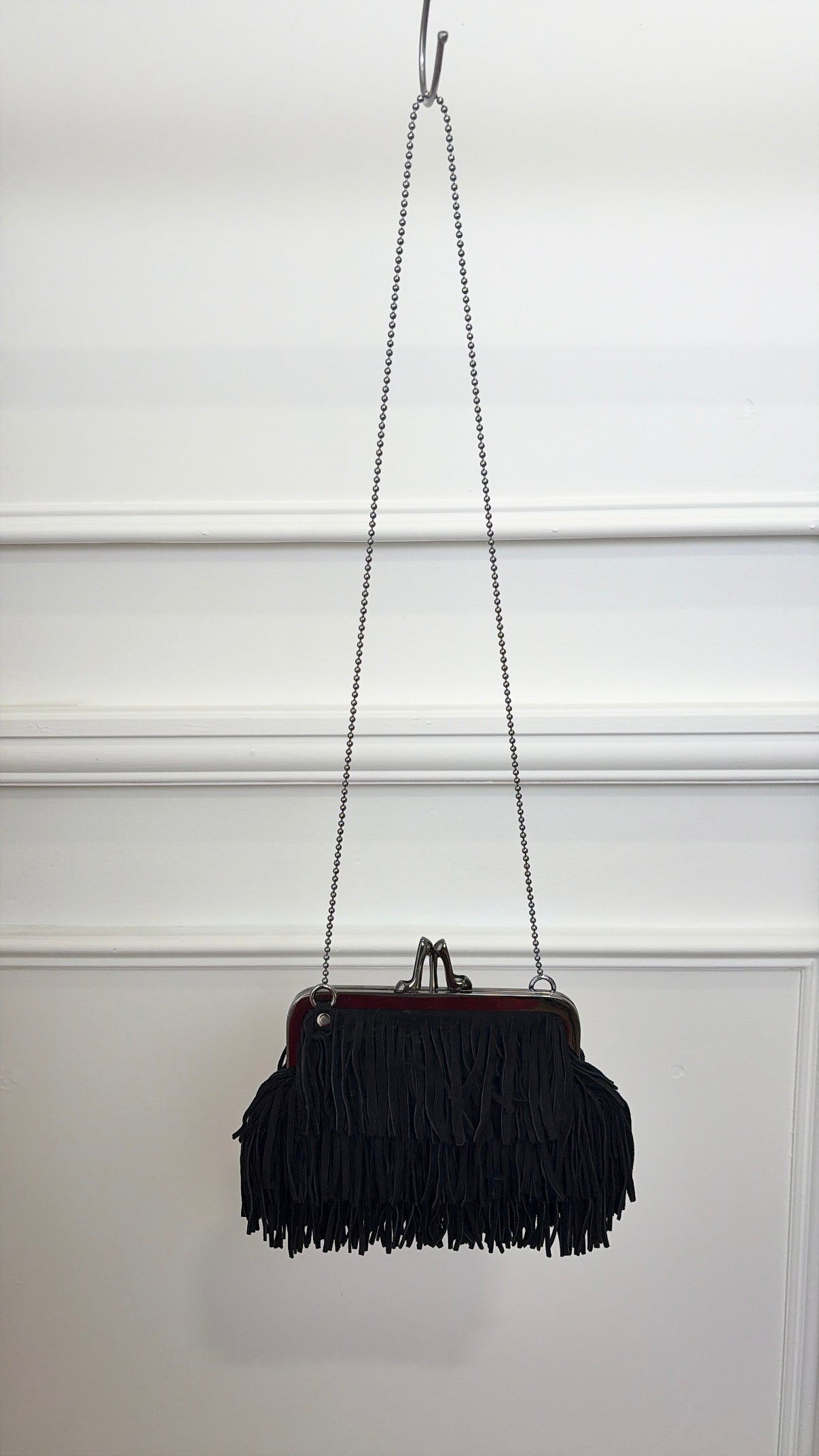 Christian Louboutin Black Suede Fringed Mini Crossbody Kisslock Pouch