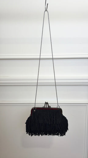 Christian Louboutin Black Suede Fringed Mini Crossbody Kisslock Pouch
