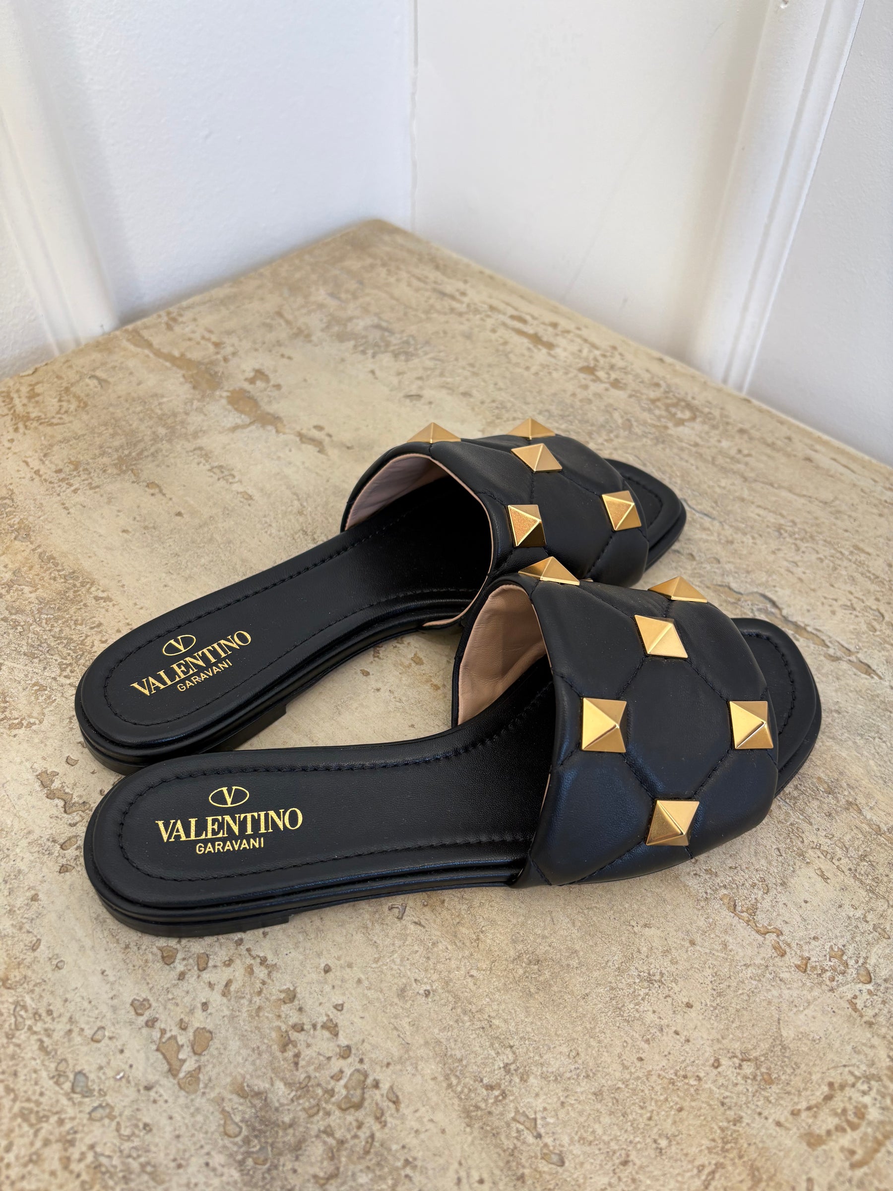 Valentino Garavani Black Roman Stud Mules, 38.5