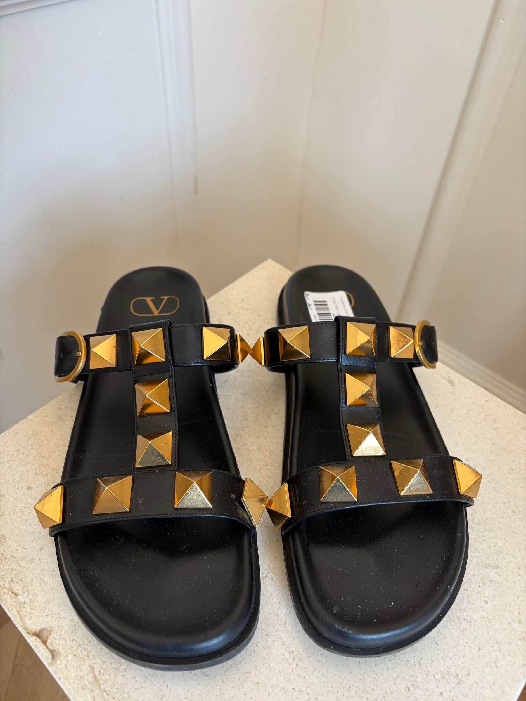 Valentino Black Leather Roman Stud Slides, 39