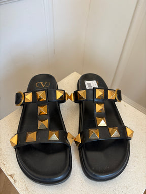 Valentino Black Leather Roman Stud Slides, 39