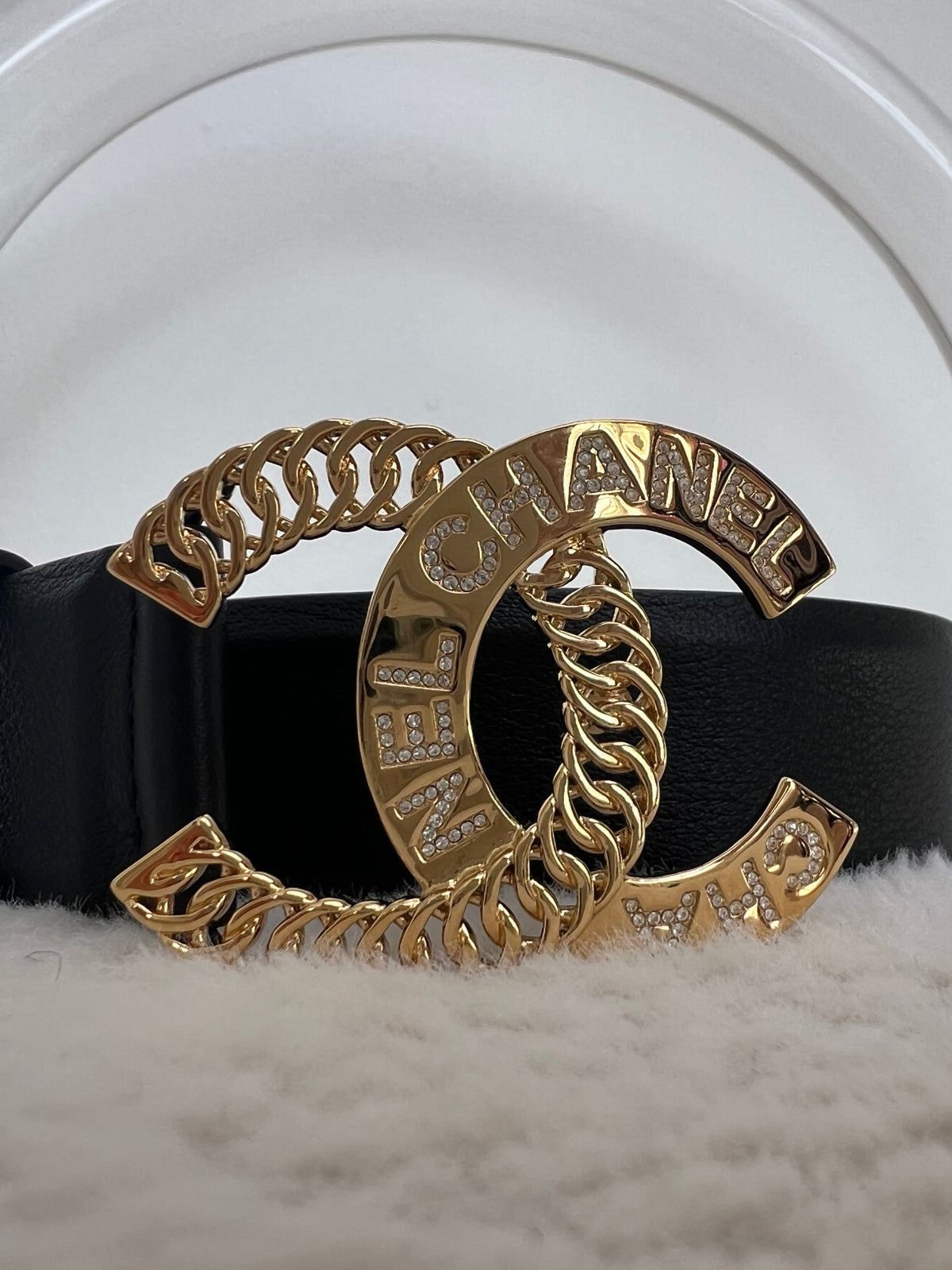 Chanel Black Leather Gold CC Buckle Belt, size 90cm