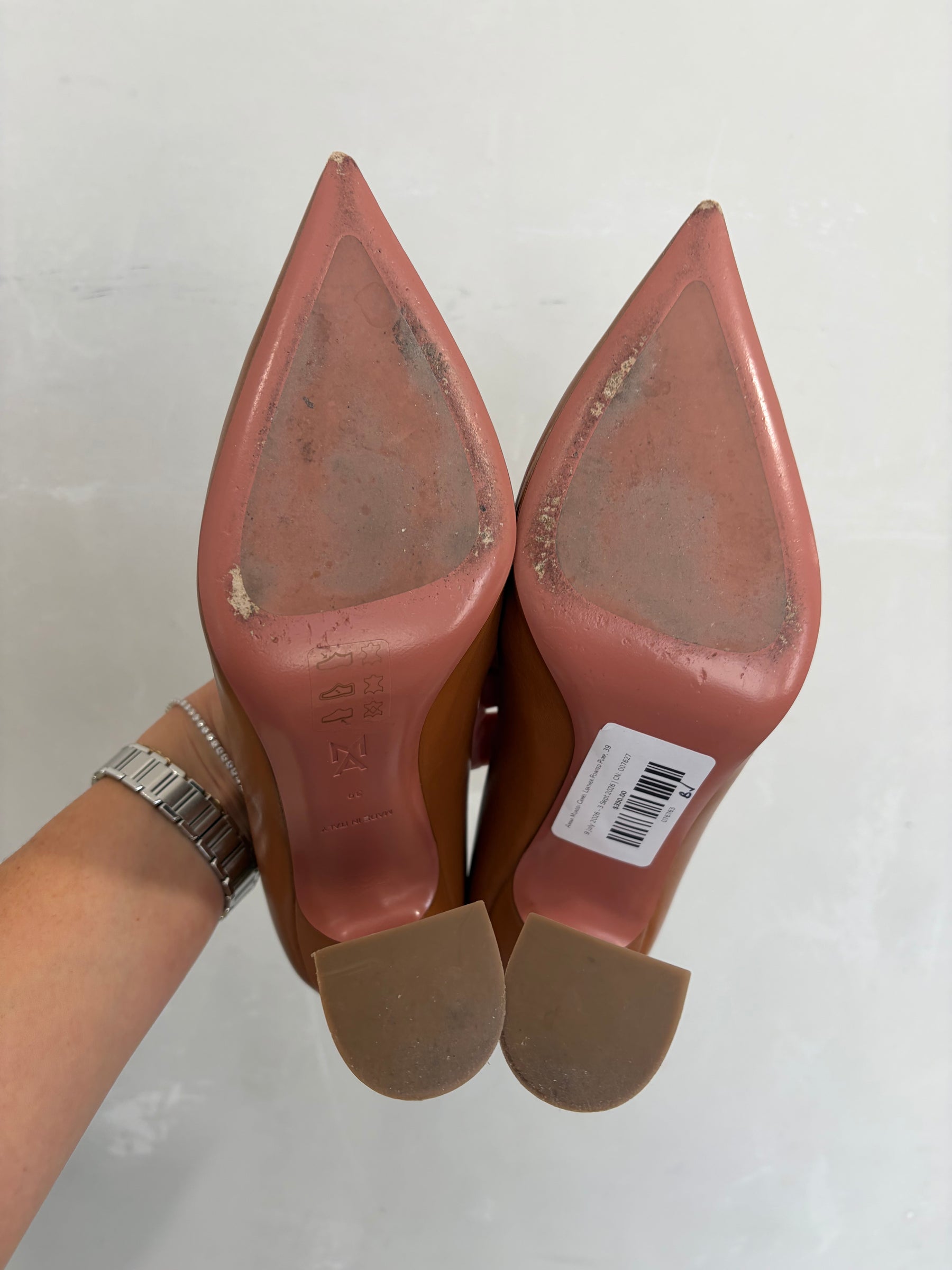Amina Muaddi Camel Leather Pointed Pump, 39