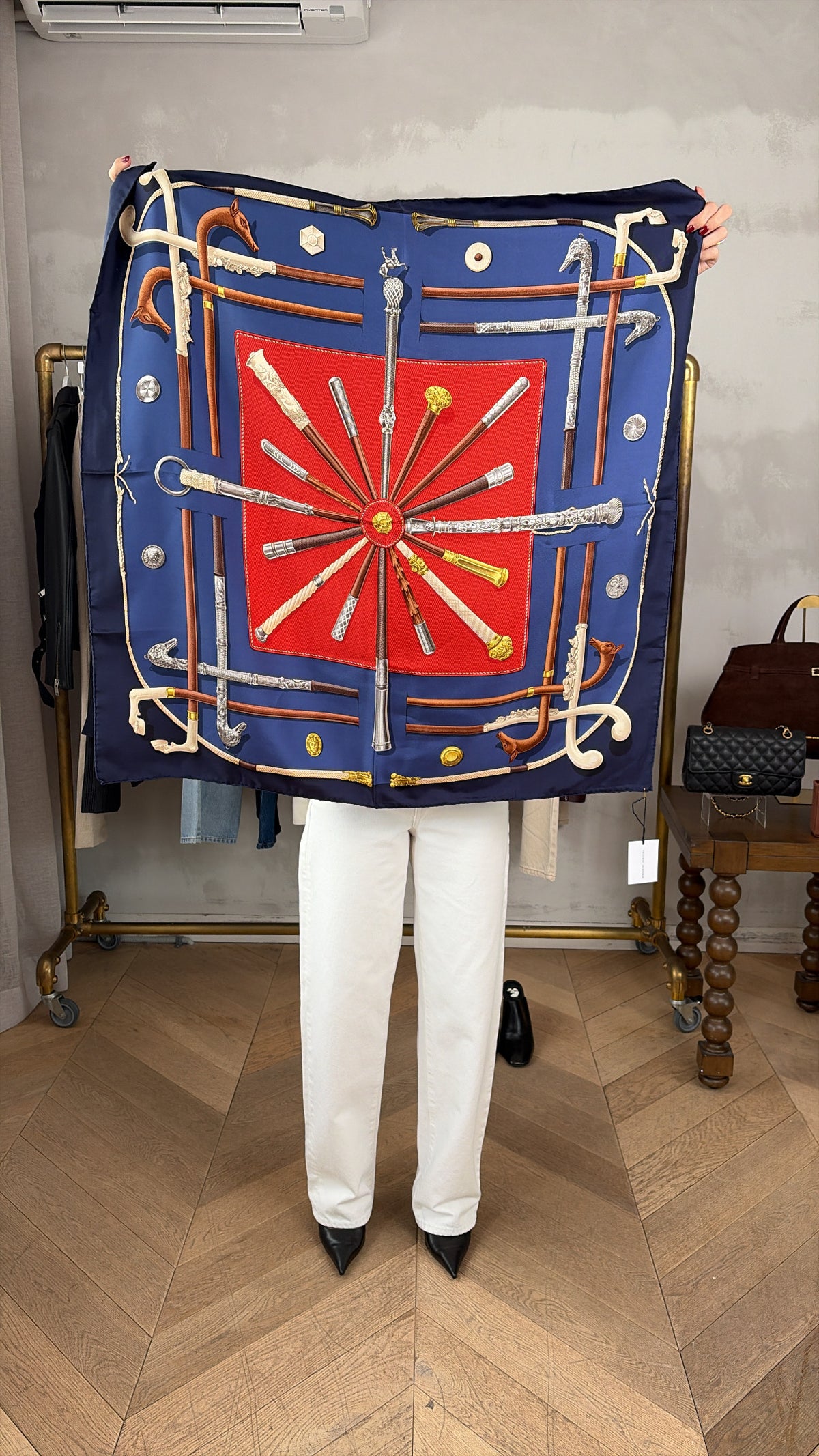 Hermès Navy and Red 'Cannes & Pommeaux' Printed Silk Scarf 90