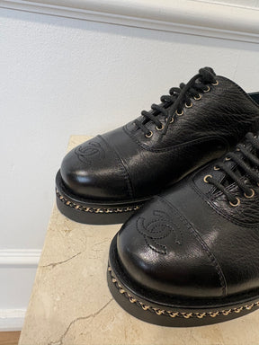 Chanel Black Leather Chain Detail Lace Up Shoe, 37 C
