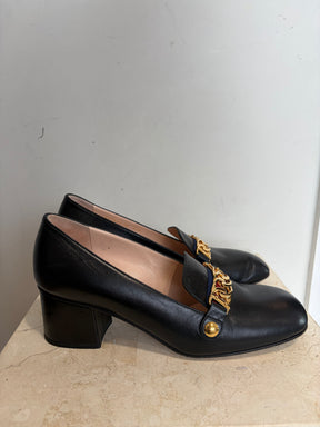 Gucci Black Leather Gold Chain Heeled Loafer, 38