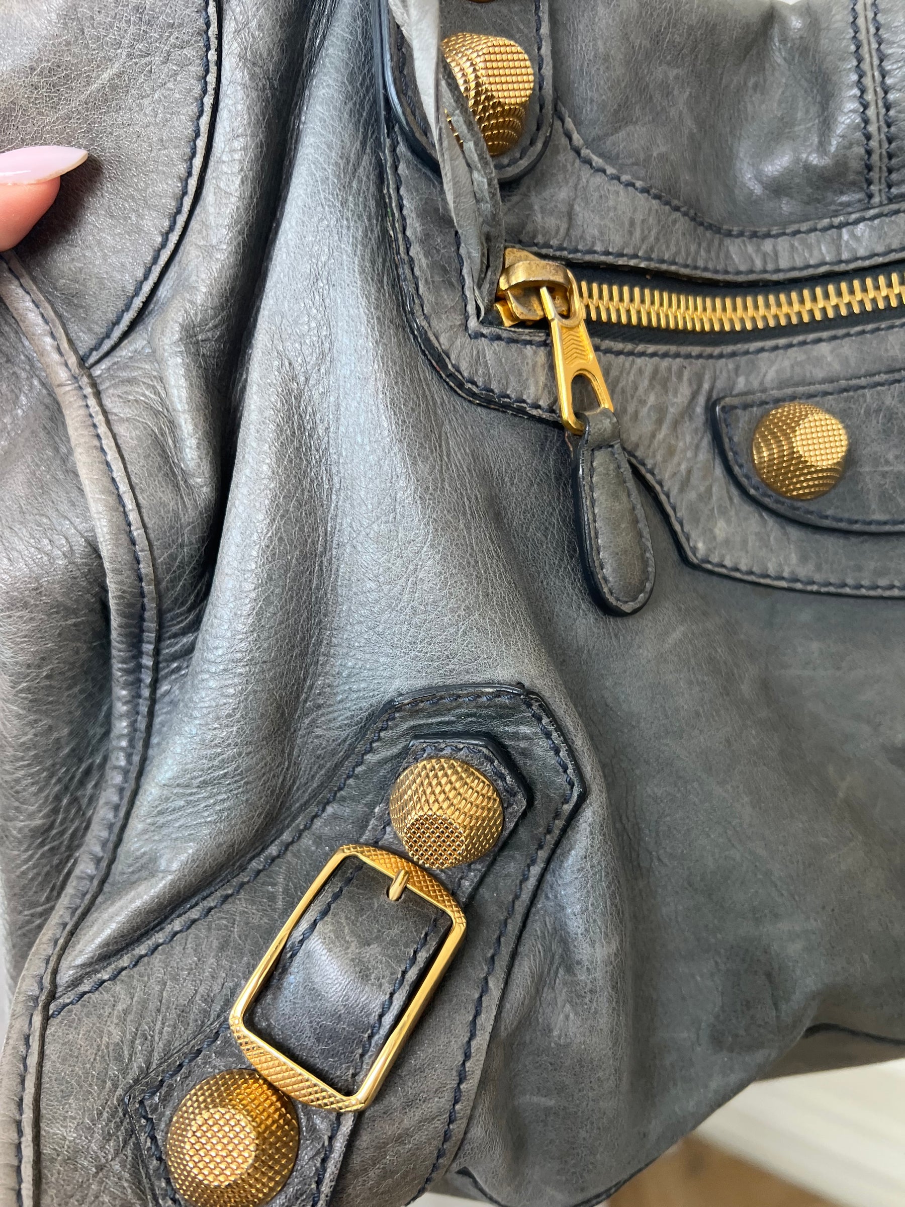 Balenciaga Grey Distressed City Bag Gold Tone Hardware