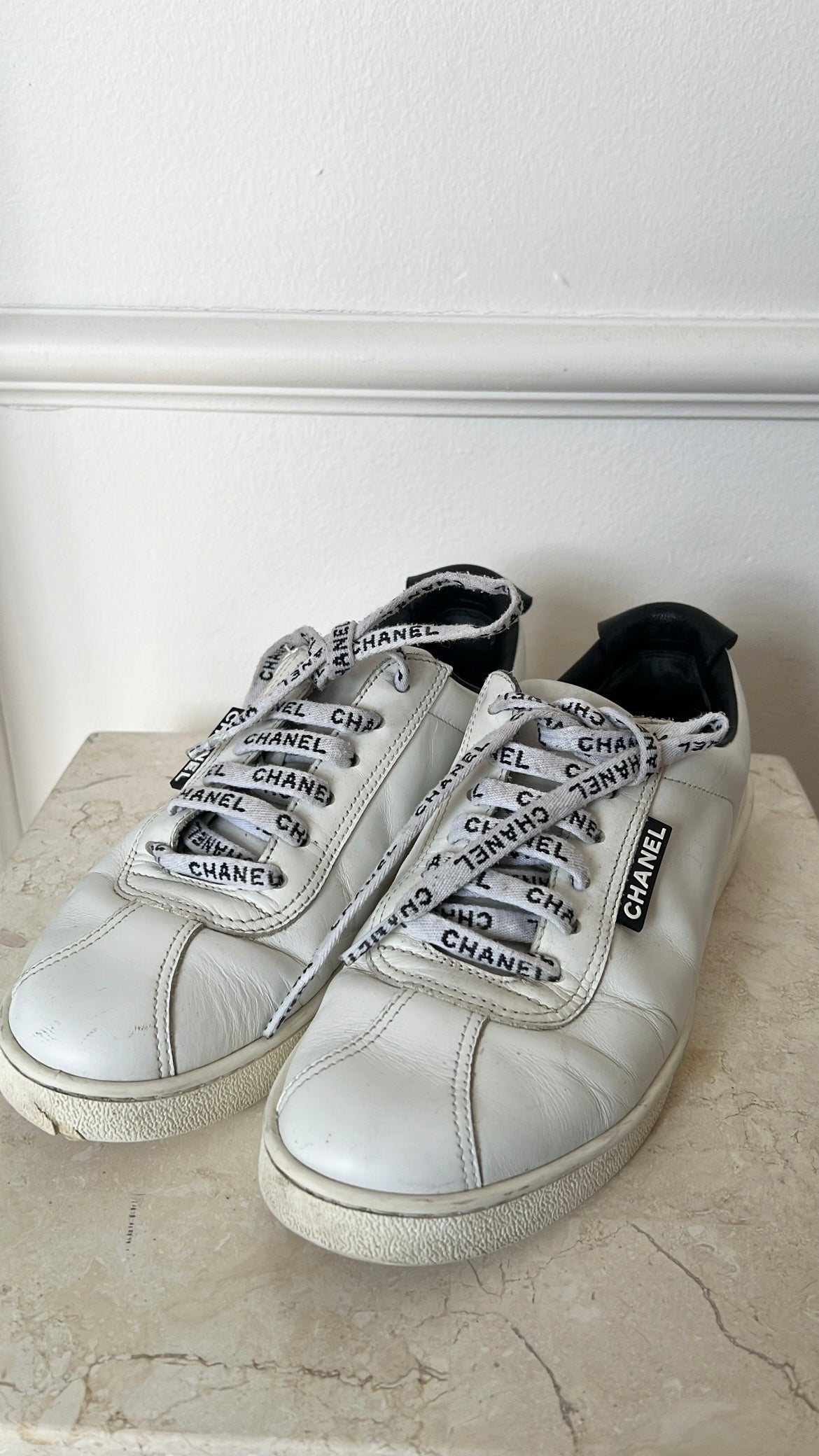 Chanel White and Black Leather Sneakers, 36