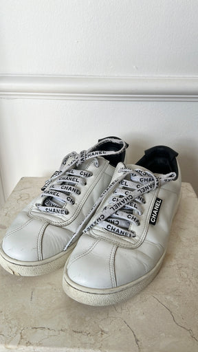 Chanel White and Black Leather Sneakers, 36