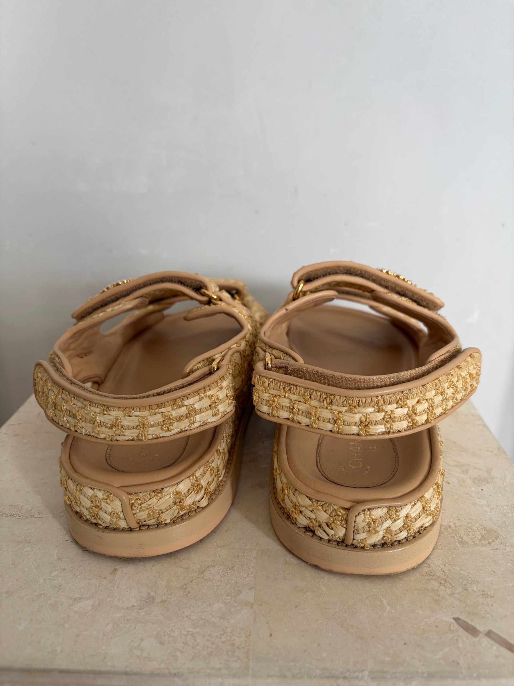Chanel Raffia Dad Sandals with Pearl Logo, 40 C