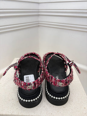 Chanel Black and Pink Tweed Pearl Detail Sandals, 38 C