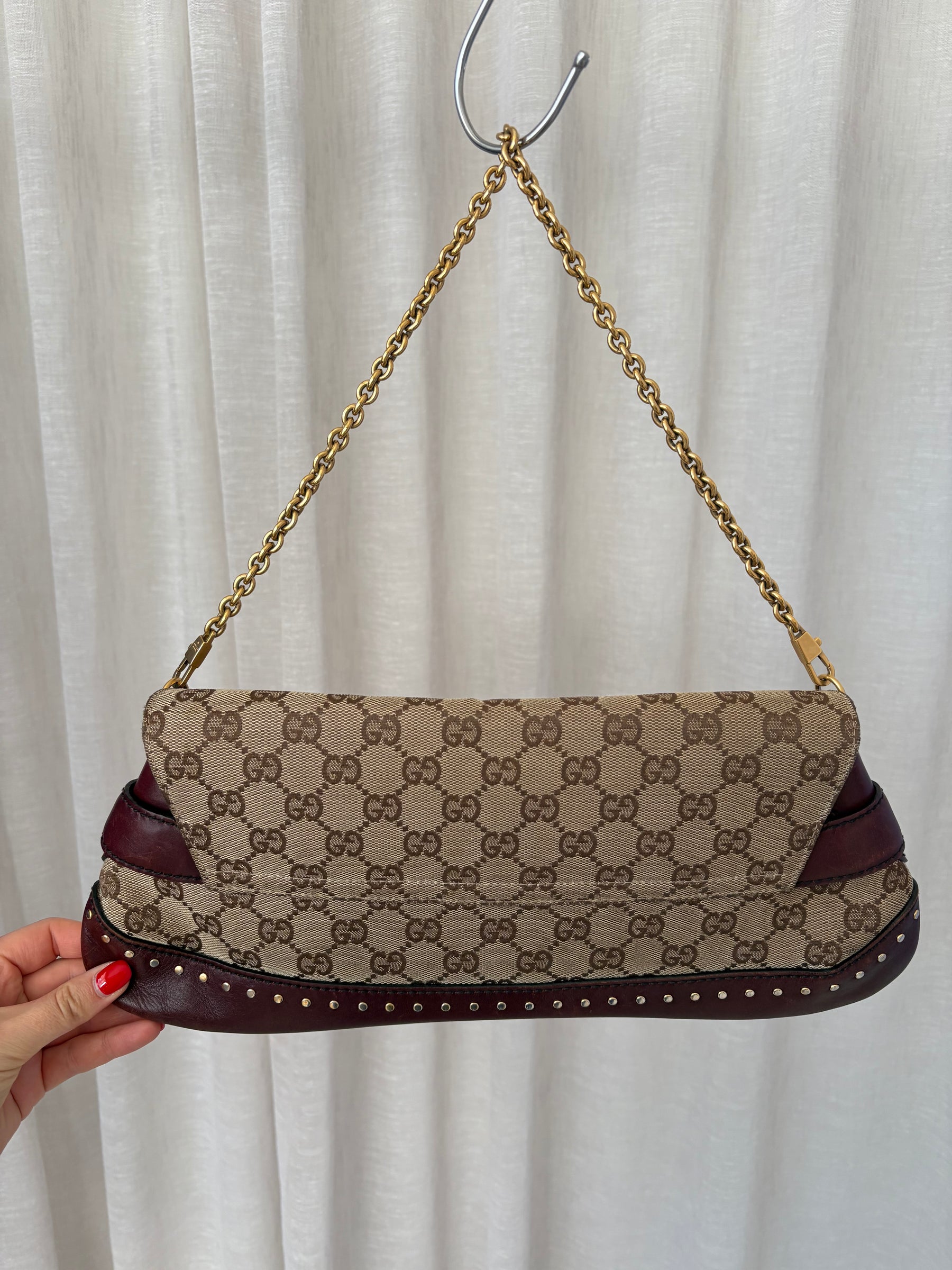 Gucci Burgundy Leather and Canvas Monogram Horsebit Clutch
