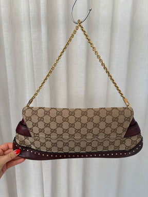 Gucci Burgundy Leather and Canvas Monogram Horsebit Clutch