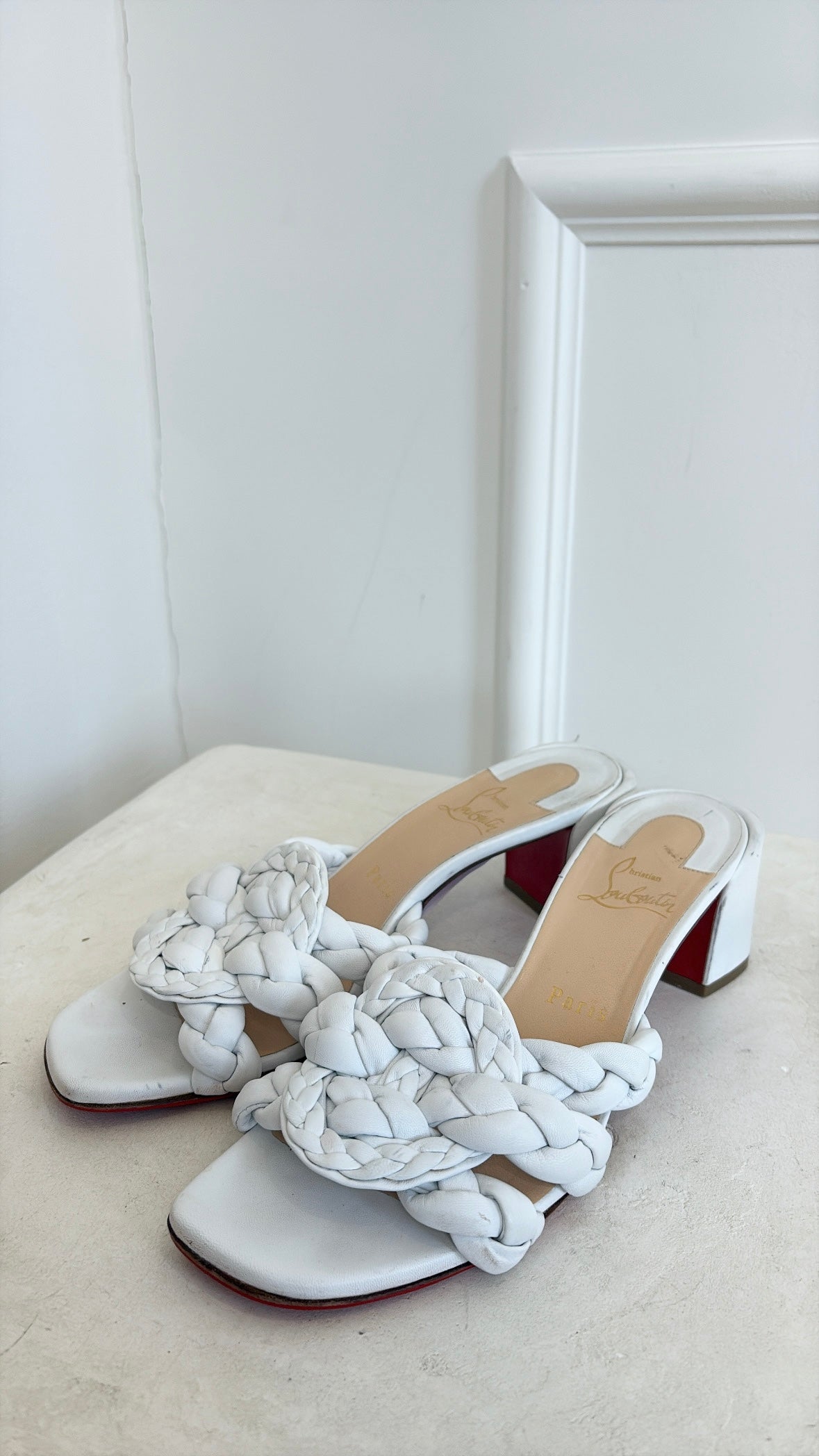 Christian Louboutin White Leather Plaited Heeled Mules, 38