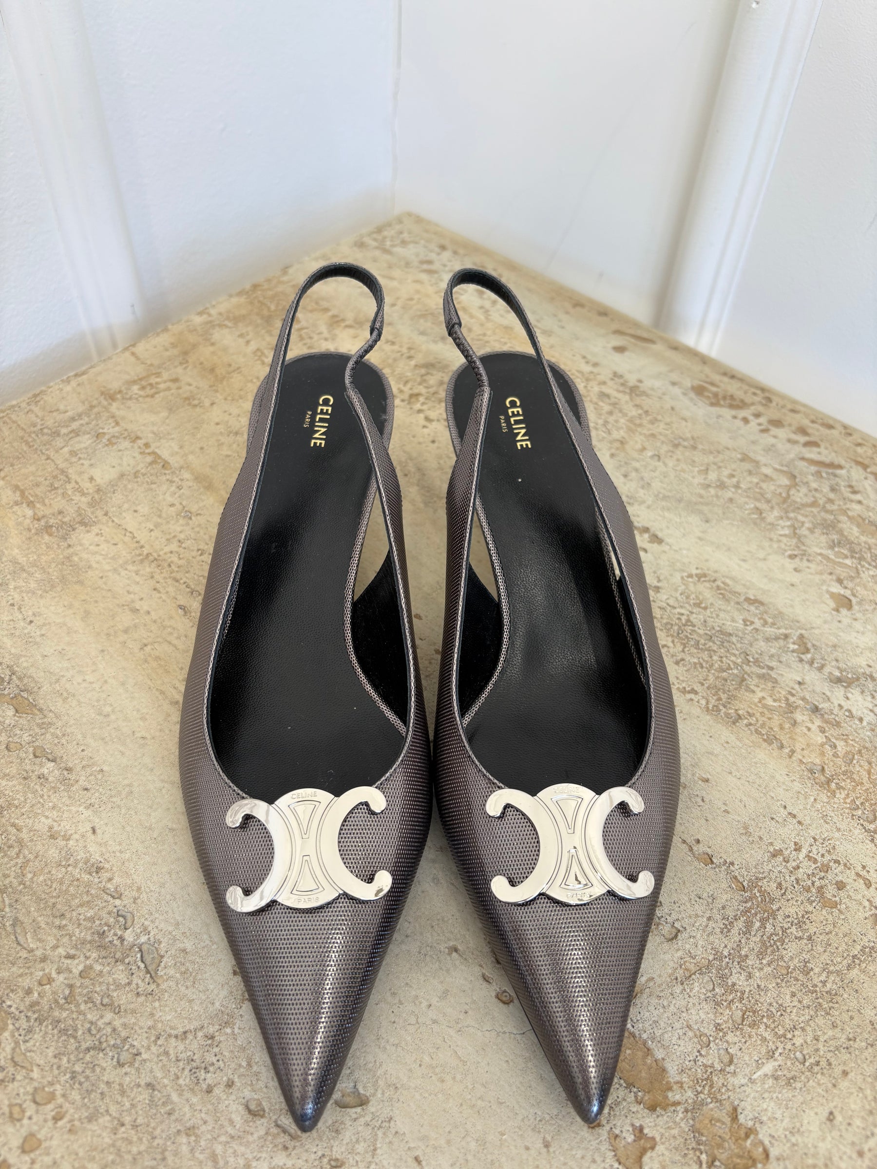 Celine Gunmetal Perforated Leather Triomphe Slingback Heel, 40.5