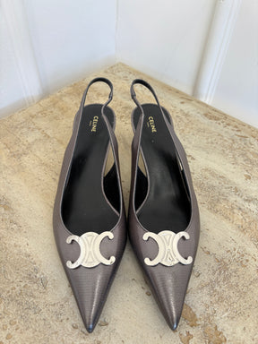 Celine Gunmetal Perforated Leather Triomphe Slingback Heel, 40.5