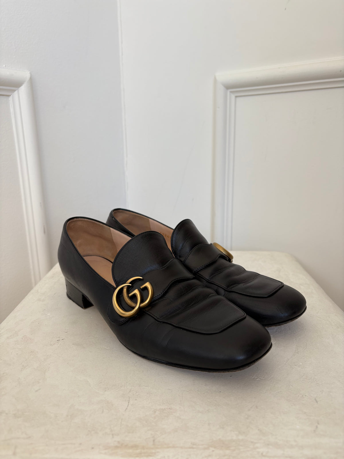 Gucci Black Leather Marmont Heeled Loafer, 41