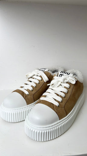 Miu Miu Tan Suede Shearling Lined Sneaker, 37.5