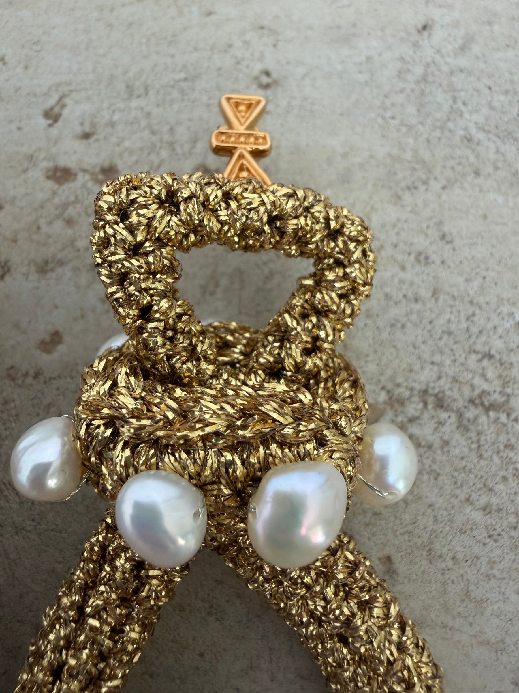 Lucy Folk Gold Metallic Crochet Triangle Drop Earrings