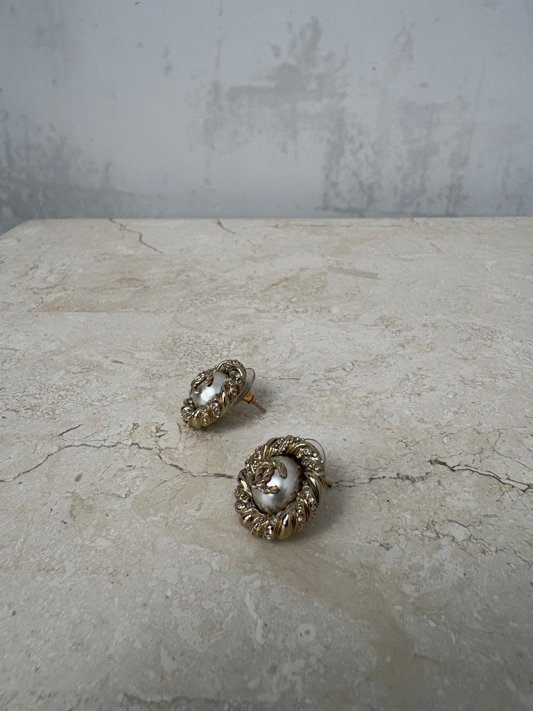 Chanel Gold and Pearl CC Stud Earrings