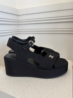 Chanel Black Grosgrain Quilted Wedge Sandal, 38.5 C
