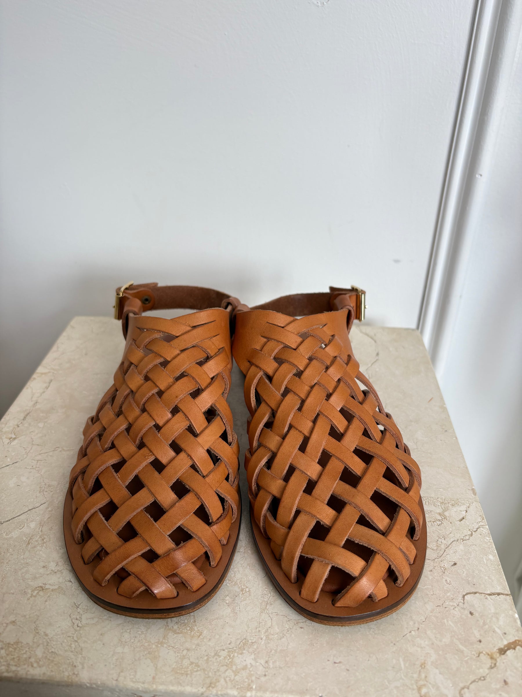 Mansur Gavriel Tan Woven Leather Sandals, 36