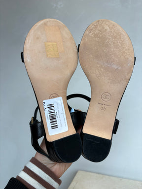Chanel Black Leather Gold Chain Heeled Sandals, 38