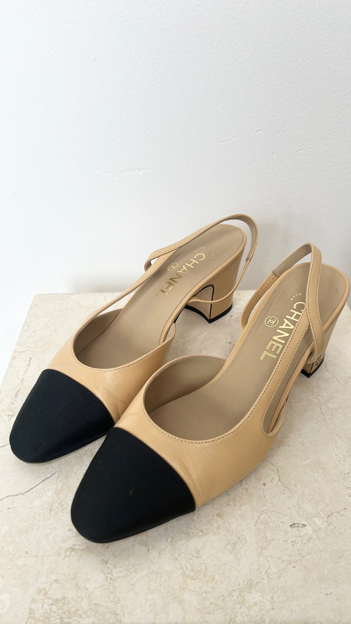 Chanel Beige And Black Sling Back Heels, 39 C