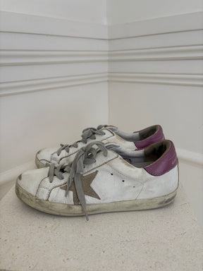 Golden Goose White and Purple Superstar Sneakers, 37