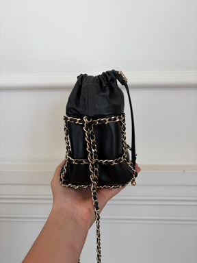 Chanel Chain Drawstring Bucket Bag Black Gold Tone Hardware
